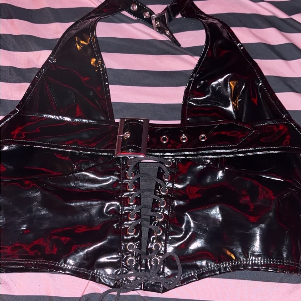 wet n wild Black Vinyl Halter Lace-Up Crop Top